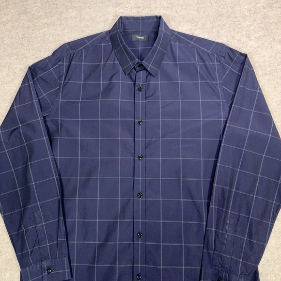 Theory Clean Placket Shirt Mens XL Navy Blue Mouline Grid Cotton Button Up - Picture 2 of 12